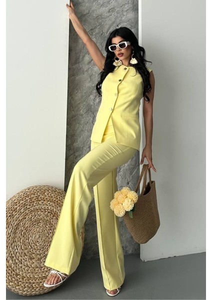 Kadın Ikili Alt Üst Takım Şık Düğme Detaylı Bisiklet Yaka Regular Yelek Pantolon Takım modelleri