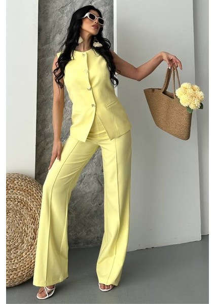 Kadın Ikili Alt Üst Takım Şık Düğme Detaylı Bisiklet Yaka Regular Yelek Pantolon Takım fırsatları