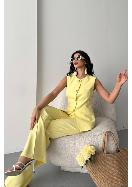 Kadın Ikili Alt Üst Takım Şık Düğme Detaylı Bisiklet Yaka Regular Yelek Pantolon Takım indirimleri