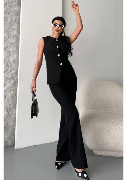 Kadın Ikili Alt Üst Takım Şık Düğme Detaylı Bisiklet Yaka Regular Yelek Pantolon Takım fiyatları