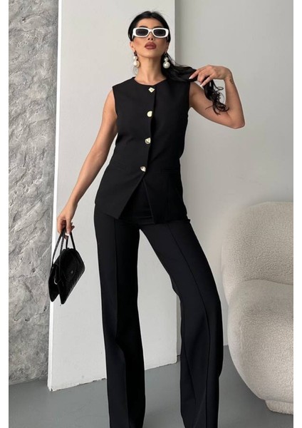 Kadın Ikili Alt Üst Takım Şık Düğme Detaylı Bisiklet Yaka Regular Yelek Pantolon Takım modelleri