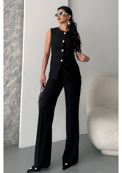 Kadın Ikili Alt Üst Takım Şık Düğme Detaylı Bisiklet Yaka Regular Yelek Pantolon Takım fırsatları