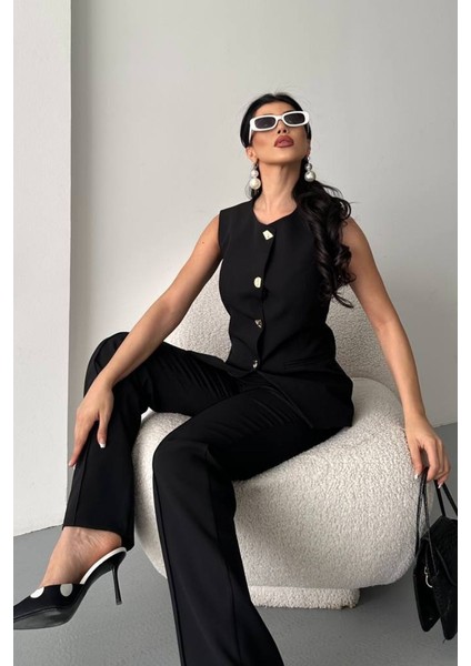 Kadın Ikili Alt Üst Takım Şık Düğme Detaylı Bisiklet Yaka Regular Yelek Pantolon Takım indirimleri