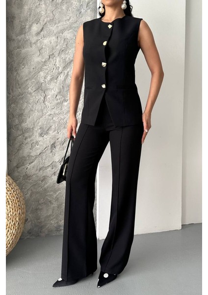 Kadın Ikili Alt Üst Takım Şık Düğme Detaylı Bisiklet Yaka Regular Yelek Pantolon Takım