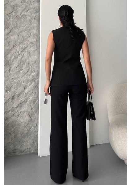 Kadın Ikili Alt Üst Takım Şık Düğme Detaylı Bisiklet Yaka Regular Yelek Pantolon Takım