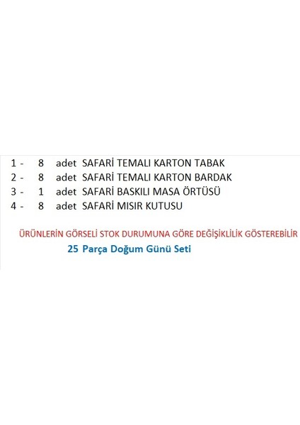 Safari 8 Adet Tabak, 8 Adet Bardak, Masa Örtüsü, 8 Adet Mısır Kutusu fiyatları