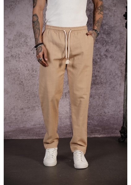 Kingbrich Beli Lastikli Kordonlu Regular Kalıp Düz Keten Erkek Pantolon
