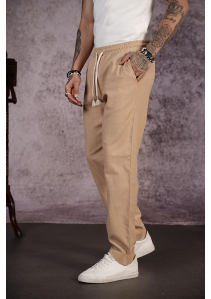 Kingbrich Beli Lastikli Kordonlu Regular Kalıp Düz Keten Erkek Pantolon fiyatları