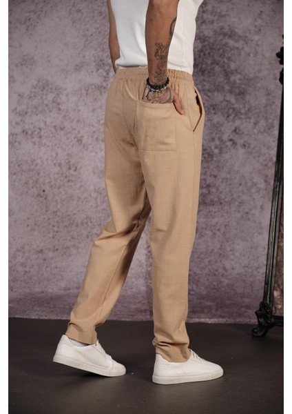 Kingbrich Beli Lastikli Kordonlu Regular Kalıp Düz Keten Erkek Pantolon modelleri
