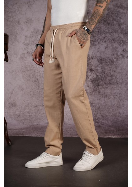 Kingbrich Beli Lastikli Kordonlu Regular Kalıp Düz Keten Erkek Pantolon fırsatları