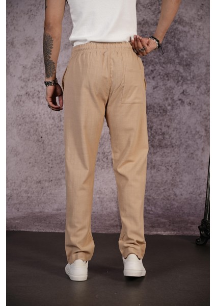 Kingbrich Beli Lastikli Kordonlu Regular Kalıp Düz Keten Erkek Pantolon indirimleri