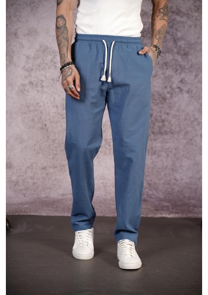 Kingbrich Beli Lastikli Kordonlu Regular Kalıp Düz Keten Erkek Pantolon