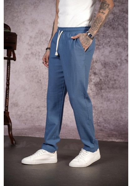 Kingbrich Beli Lastikli Kordonlu Regular Kalıp Düz Keten Erkek Pantolon modelleri