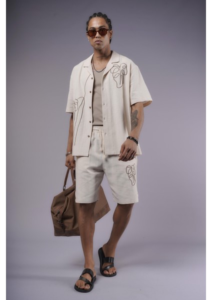 Nakış Detaylı Pamuk Keten Şort Takım