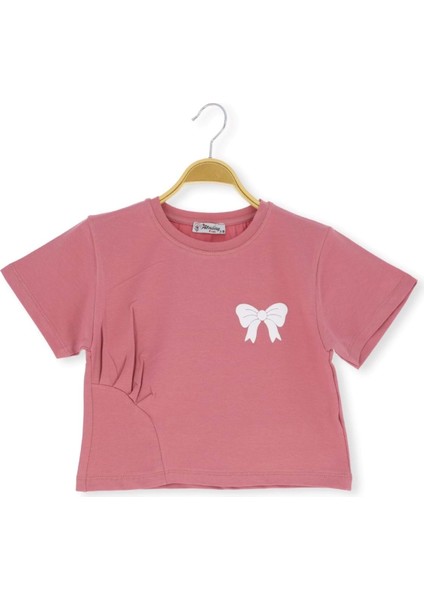 Fiyonklu Baskılı 36/1 Kompak Crop Kız Tshirt Gül Kurusu