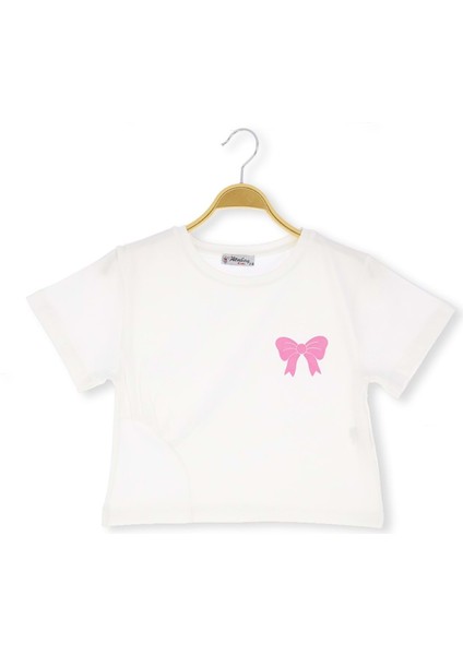 Fiyonklu Baskılı 36/1 Kompak Crop Kız Tshirt Ekru