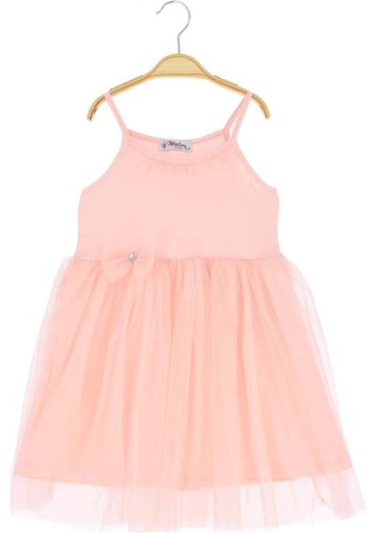 Tüllü Fiyonklu Taşlı Kız Elbise Pudra