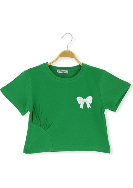 Fiyonklu Baskılı 36/1 Kompak Crop Kız Tshirt Yeşil