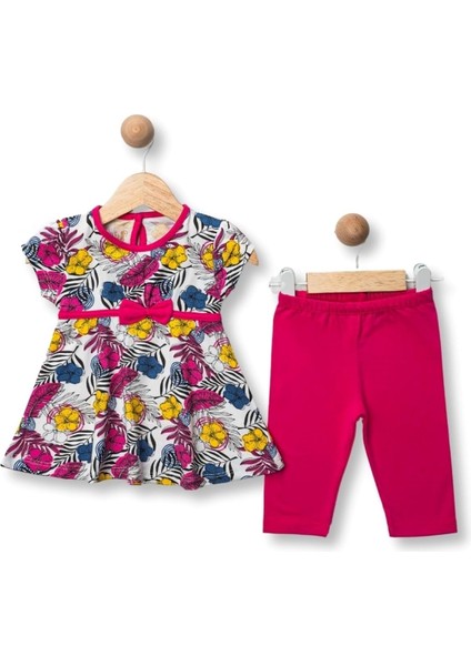 Fiyonklu Çiçek Desenli Taytlı Kız Takım Fuşya
