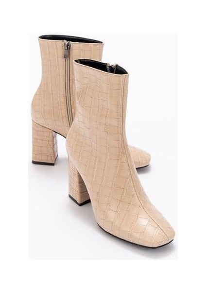 Kadın Tll Bej Krokodil Kalın Topuk Bot