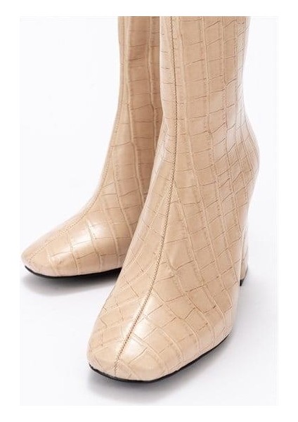 Kadın Tll Bej Krokodil Kalın Topuk Bot