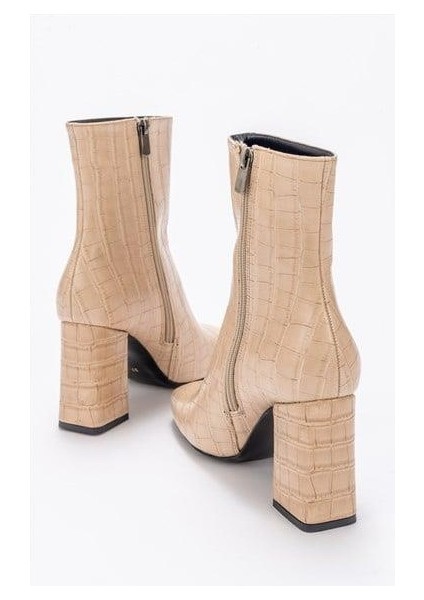 Kadın Tll Bej Krokodil Kalın Topuk Bot