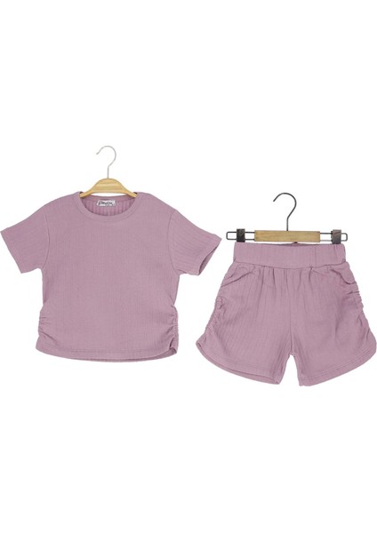 Büzgülü 40/1 Krinkıl Kumaş Crop Tshırt Şortlu Kız Takım Gül Kurusu