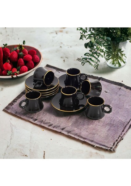 El Yapımı Siyah Seramik Türk Kahvesi Fincanı Takımı, 6 Kişilik, 90 Ml, Lüks ve Şık Tasarım