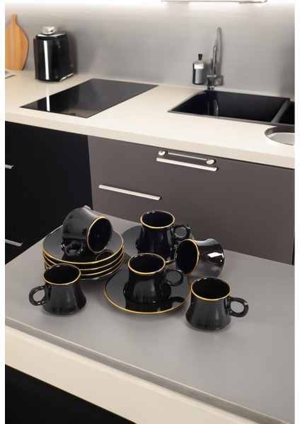 El Yapımı Siyah Seramik Türk Kahvesi Fincanı Takımı, 6 Kişilik, 90 Ml, Lüks ve Şık Tasarım modelleri