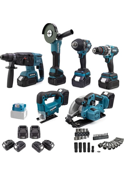 Kömürsüz Akülü 7 Li Set 88VF 5AH 10P (800NM Somun Sökme, LED Işık, Dekupaj, Daire Testere, Darbeli Vidalama, Taşlama, Kırıcı Delici Matkap) EEA450