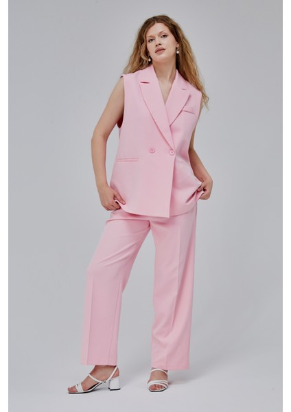 Pembe Oversize Kruvaze Yaka Astarlı Yelek