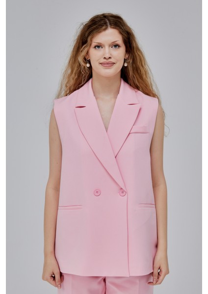 Pembe Oversize Kruvaze Yaka Astarlı Yelek fiyatları