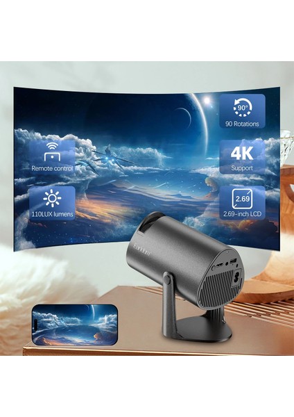 PJ04 4K Taşınabilir Android Projeksiyon 2.4ghz ve 5ghz Çift Bant Wifi Destekli Akıllı Sinema Projektör fiyatları