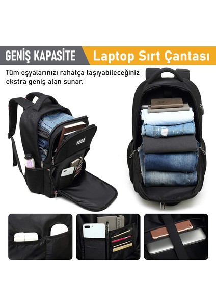 Laptop Sırt Çantası, Multi Cepli Iş Seyahat Çantası Erkek ve Beyan Için Sırt Çantası Siyah