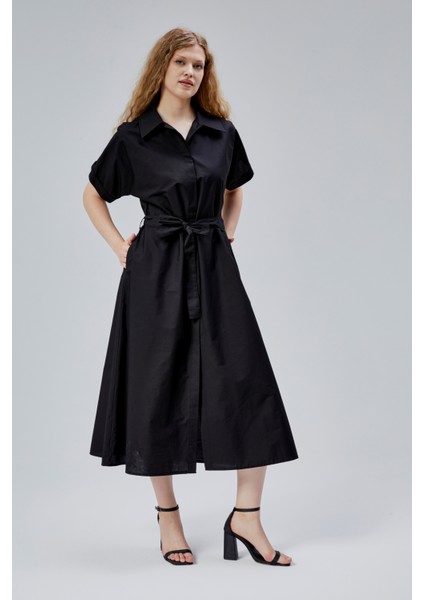 Siyah Boydan Düğmeli Gömlek Yaka Poplin Elbise