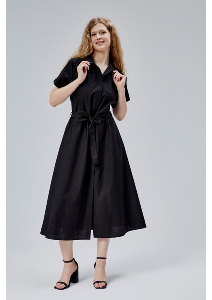 Siyah Boydan Düğmeli Gömlek Yaka Poplin Elbise fiyatları