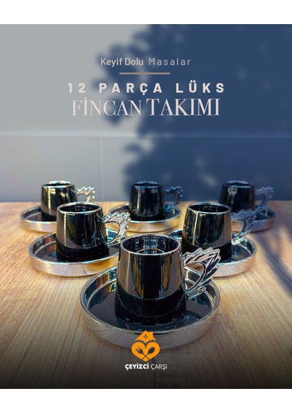 12 Parça Siyah Metalik Kahve Fincan Takımı, Modern Tasarım ve Gümüş Detaylar