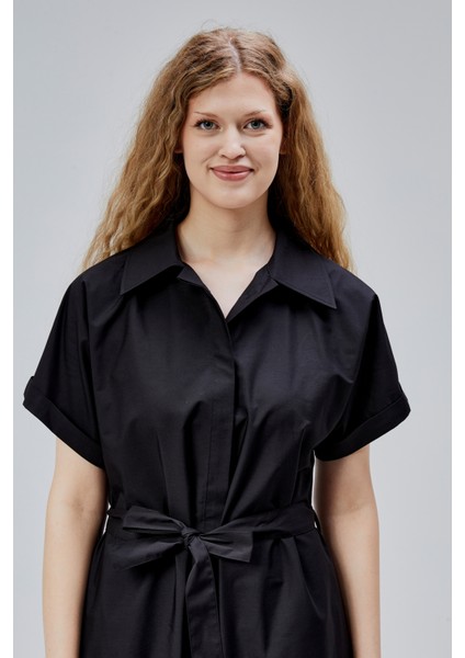 Siyah Boydan Düğmeli Gömlek Yaka Poplin Elbise modelleri