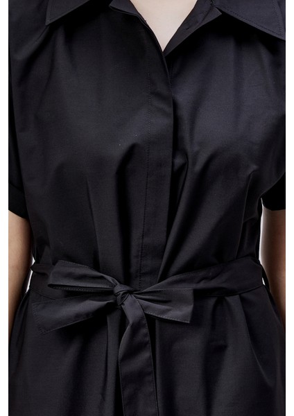 Siyah Boydan Düğmeli Gömlek Yaka Poplin Elbise fırsatları