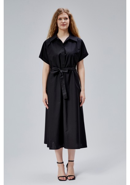 Siyah Boydan Düğmeli Gömlek Yaka Poplin Elbise indirimleri
