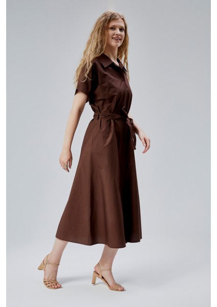 Kahverengi Boydan Düğmeli Gömlek Yaka Poplin Elbise fırsatları