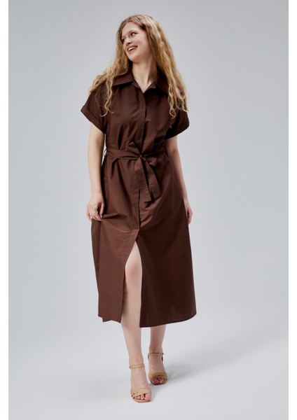 Kahverengi Boydan Düğmeli Gömlek Yaka Poplin Elbise indirimleri