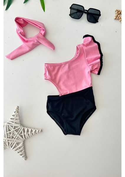 Tek Omuz Volanlı Kız Çocuk mayo - Pembe