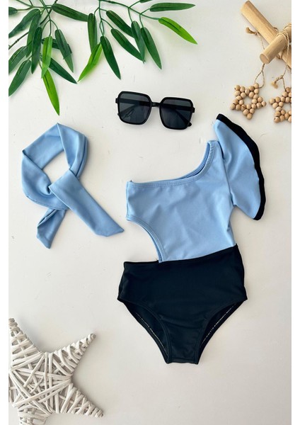 Tek Omuz Volanlı Kız Çocuk mayo - Mavi