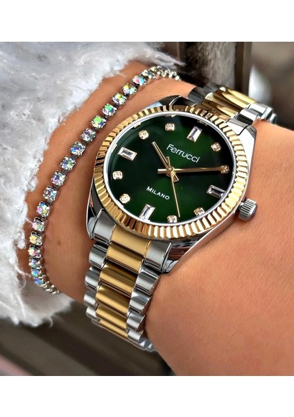 Taşlı Şık Çelik Kadın Kol Saati+Bileklik Hediyeli