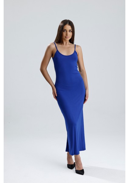 Yırtmaçlı Askılı Likralı Viskon Elbise | ELB35782 Saks