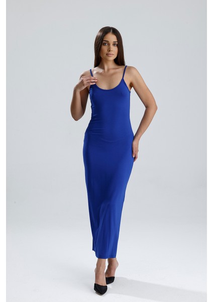 Yırtmaçlı Askılı Likralı Viskon Elbise | ELB35782 Saks