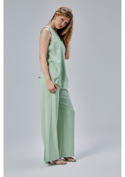 Mint V Yaka Yandan Bağlama Detaylı Yelek-Pantolon Takım indirimleri