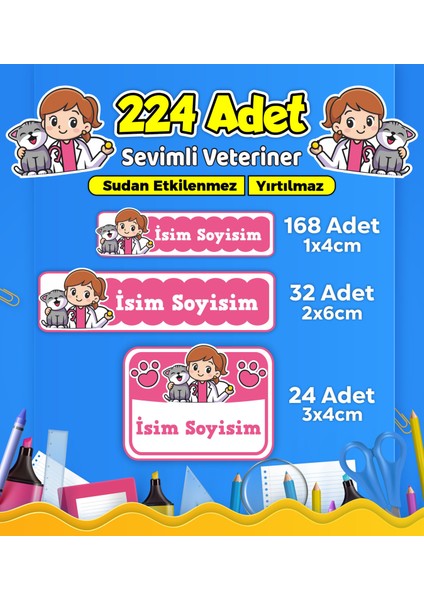 Sevimli Veteriner Temalı Okul Kreş Kişiye Özel Isim Etiket Seti - Model 518