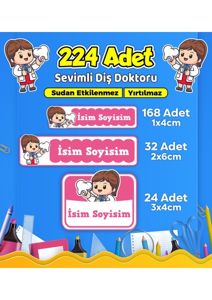Sevimli Diş Doktoru Temalı Okul Kreş Kişiye Özel Isim Etiket Seti - Model 510